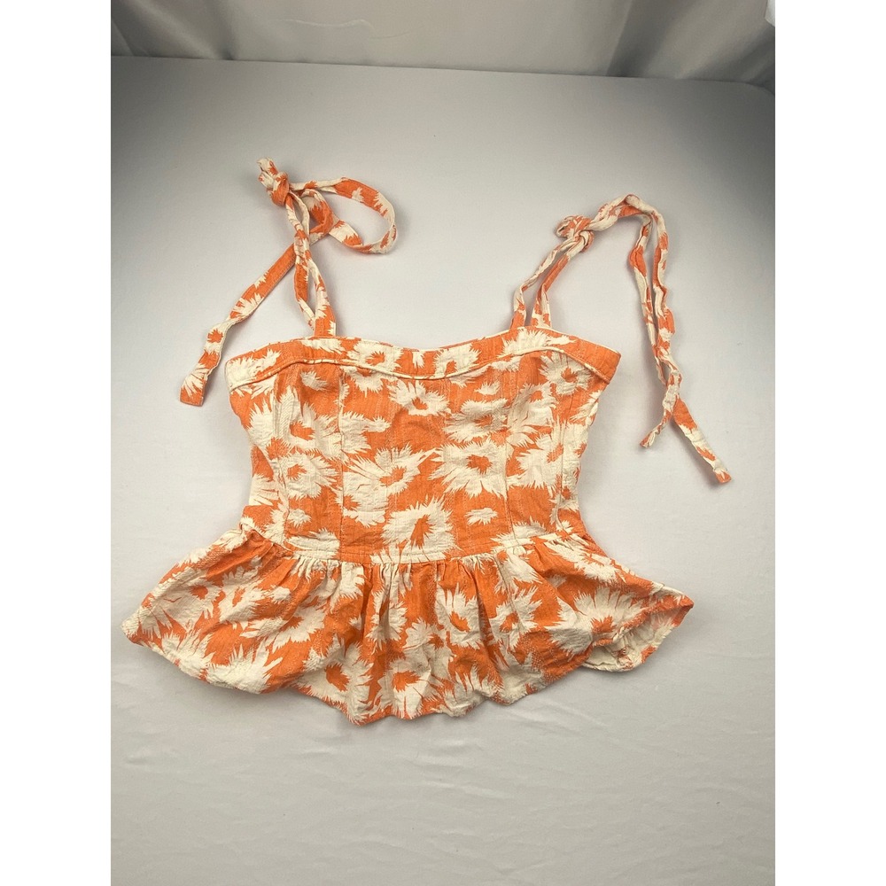 OLIVACEOUS Orange White Floral Peplum Tie Strap Tank Top Blouse Size S